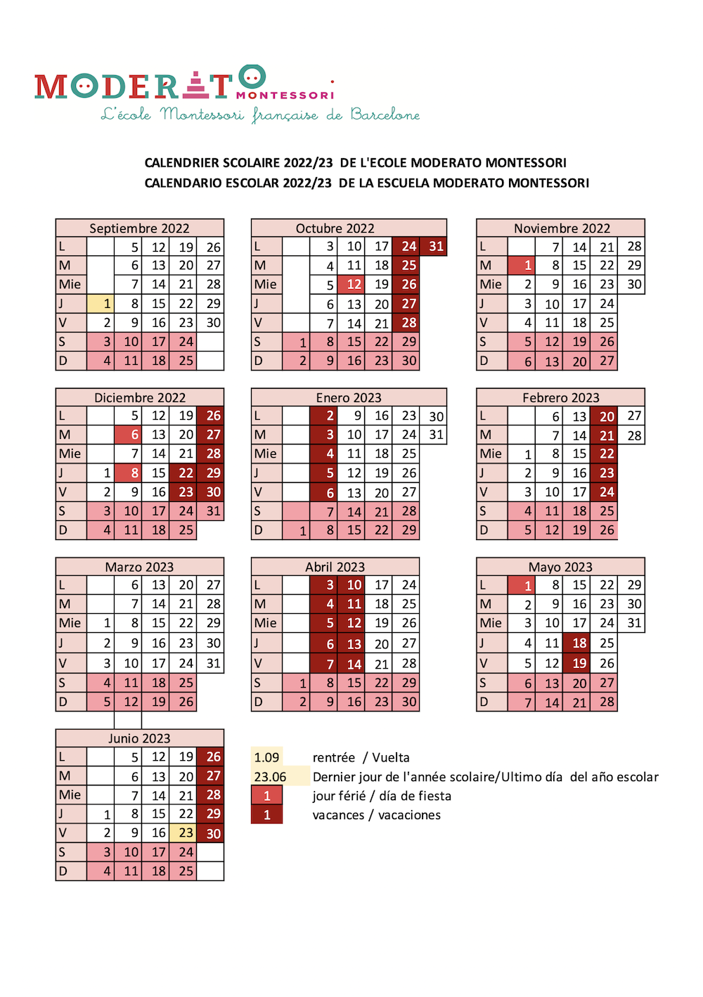 Calendario Scolaire 2022-23 - Moderato Montessori